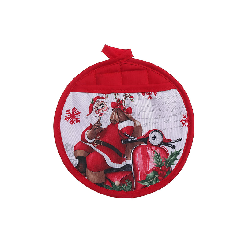 Round Pot Holder With Pocket (Santa On Scooter) - Set of 6