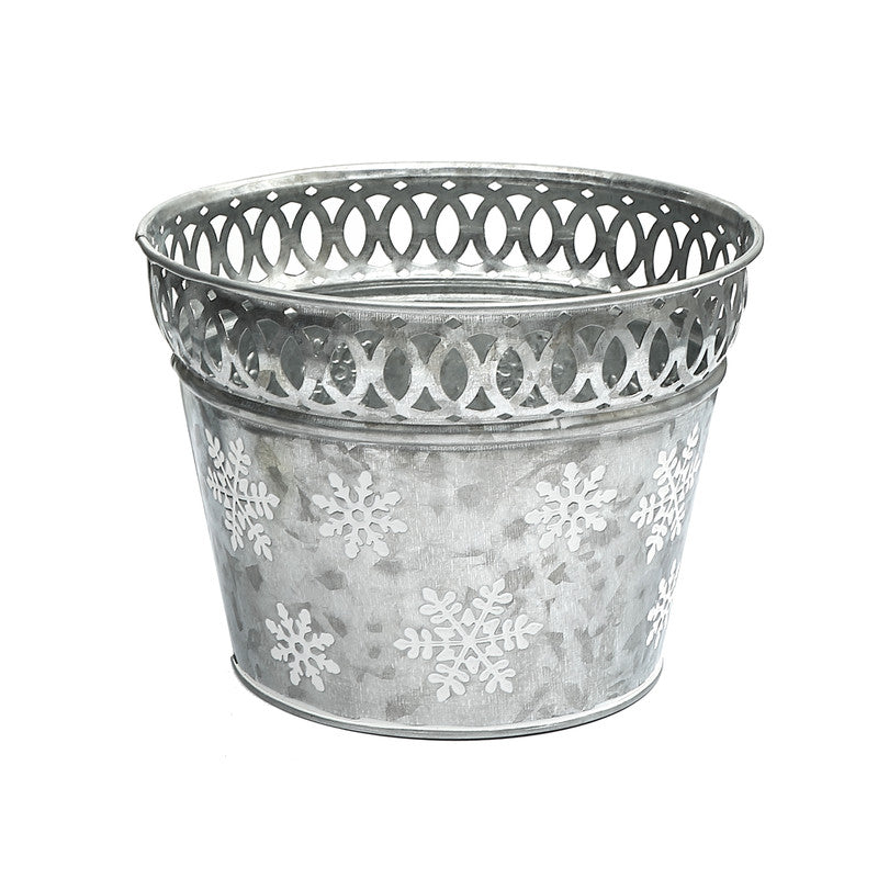 Galvanized Round Planter With Snowflake