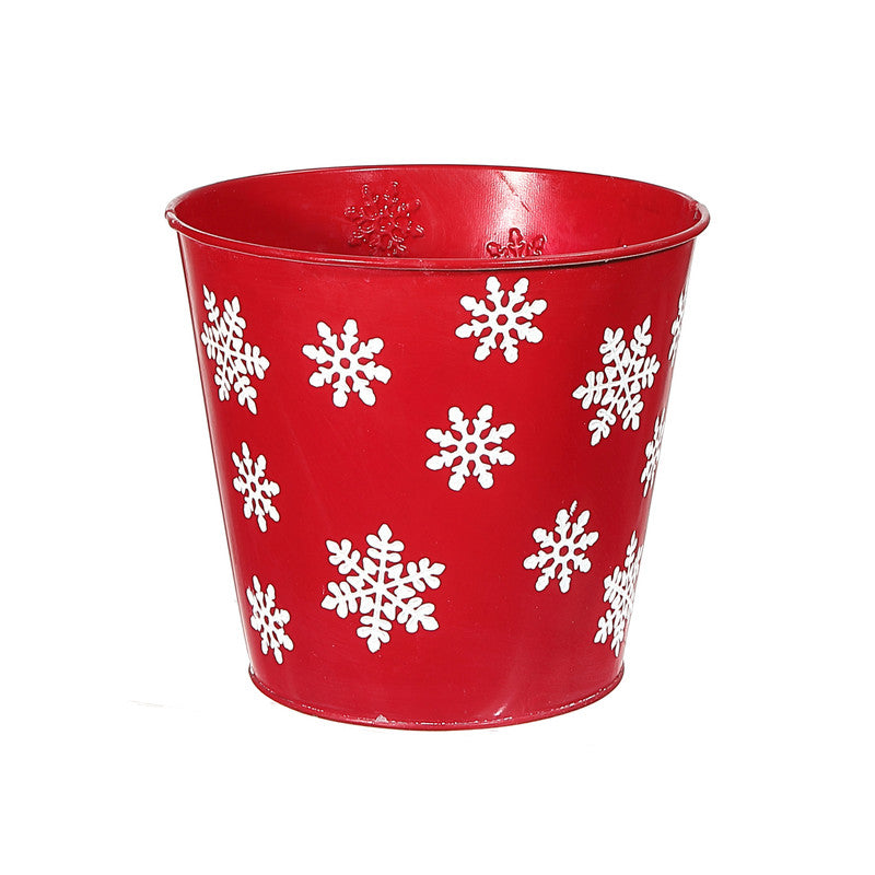 Metal Round Red Planter With White Snowflake