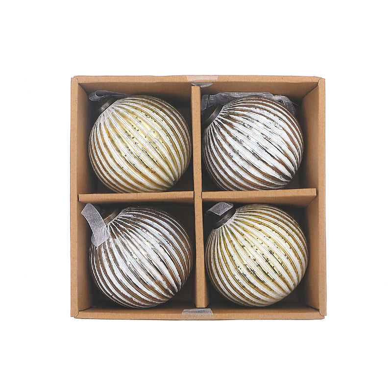 4" Glass Ribbed White Painted Ornament (Gold + Silver) - Set of 4