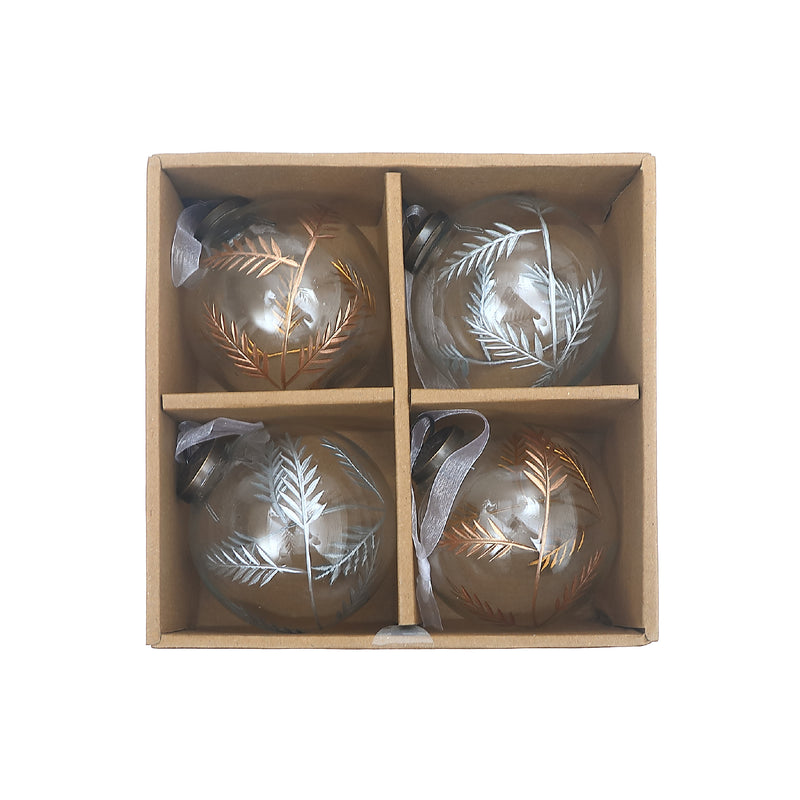 4" Clear Glass Ornament With Leaf Etching (Gold + Silver) - Set of 4