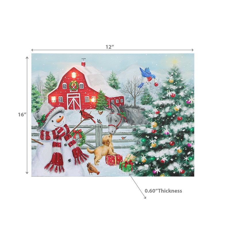 Christmas Led Canvas Wall Art Snowman With Barn 12X16