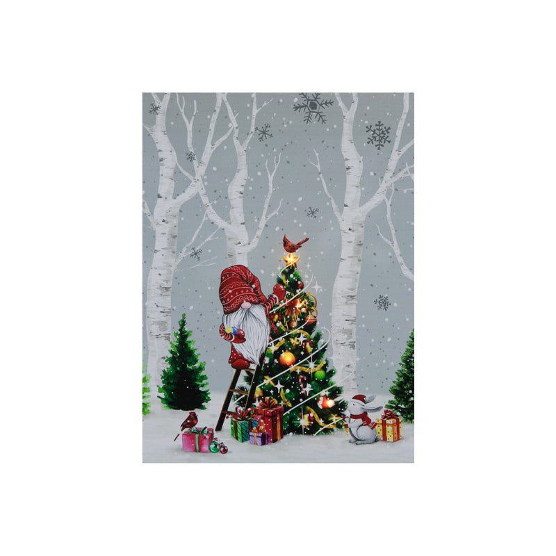 Led Canvas Wall Art (Gnome Decorating Tree) (12 X 16)