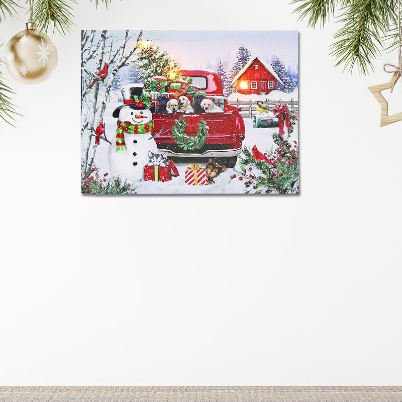 Christmas Led Canvas Wall Art Truck Full Of Puppies 12X16