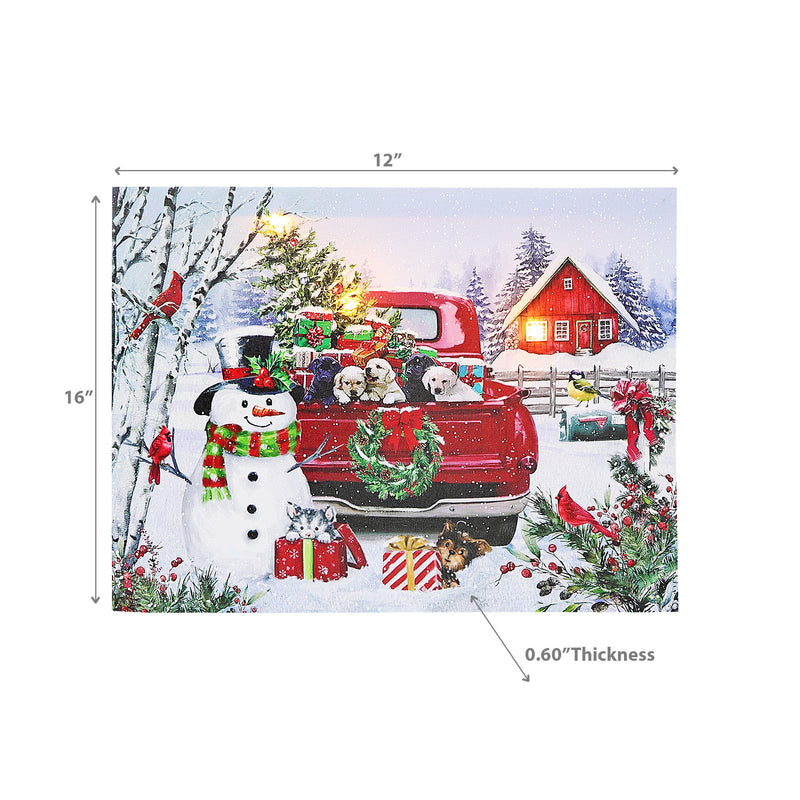 Christmas Led Canvas Wall Art Truck Full Of Puppies 12X16