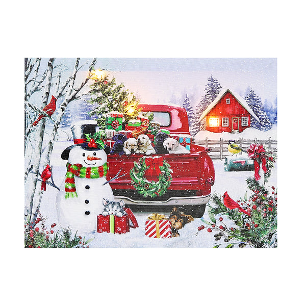 Christmas Led Canvas Wall Art Truck Full Of Puppies 12X16