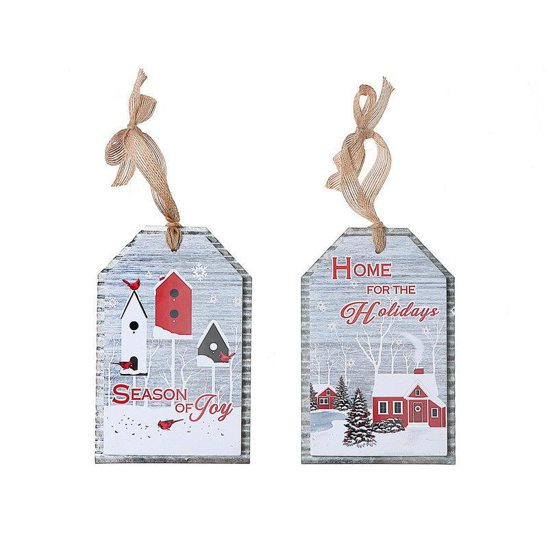 Rippled Galvanized Wood Winter Scene Ornament (Asstd) - Set of 2