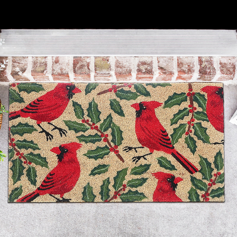 Christmas Coir Door Mat Cardinal And Holly