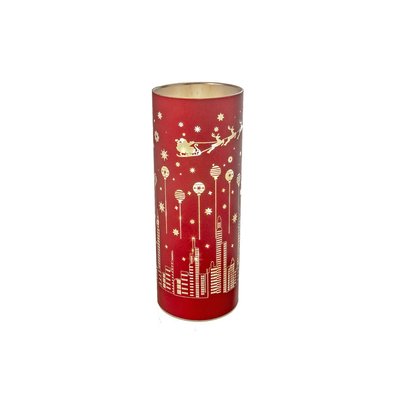 Led Cylinder Glass Stand (Santa Flying Over City) (Red) - Set of 2