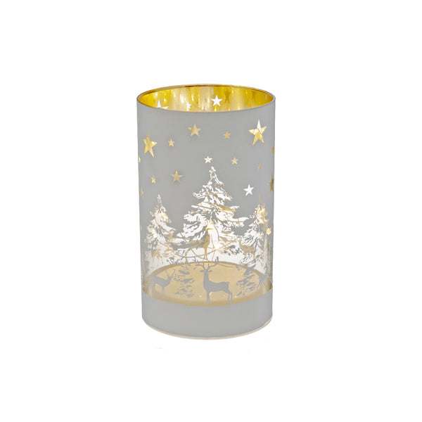 Led Cylinder Glass Stand (Tree And Reindeer) (White) - Set of 2