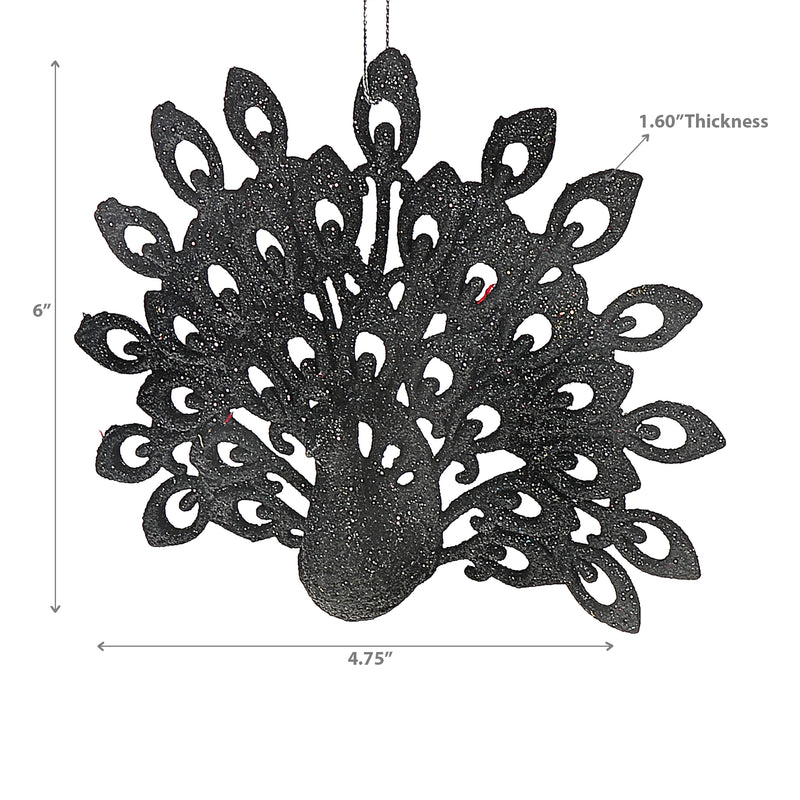 Christmas Black Glitter Ornament Peacock - Set of 12