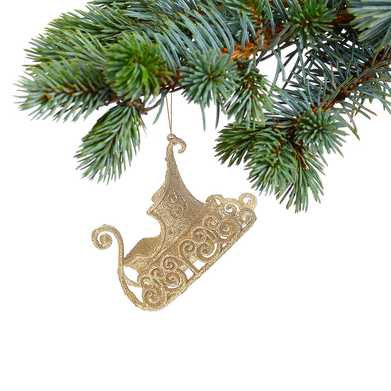 Christmas Gold Glitter Ornament Sleigh - Set of 12