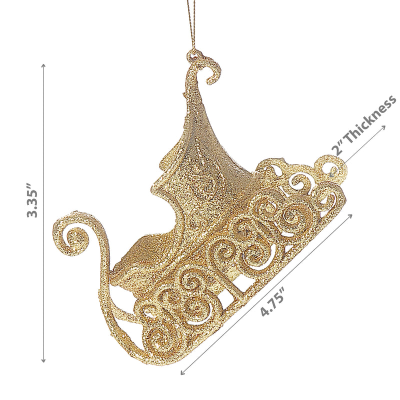 Christmas Gold Glitter Ornament Sleigh - Set of 12