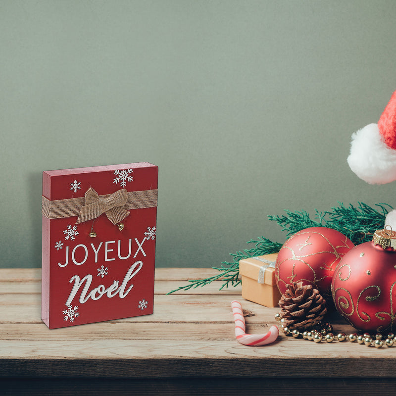 Christmas Rectangle Table Block With Bow Joyeux Noel