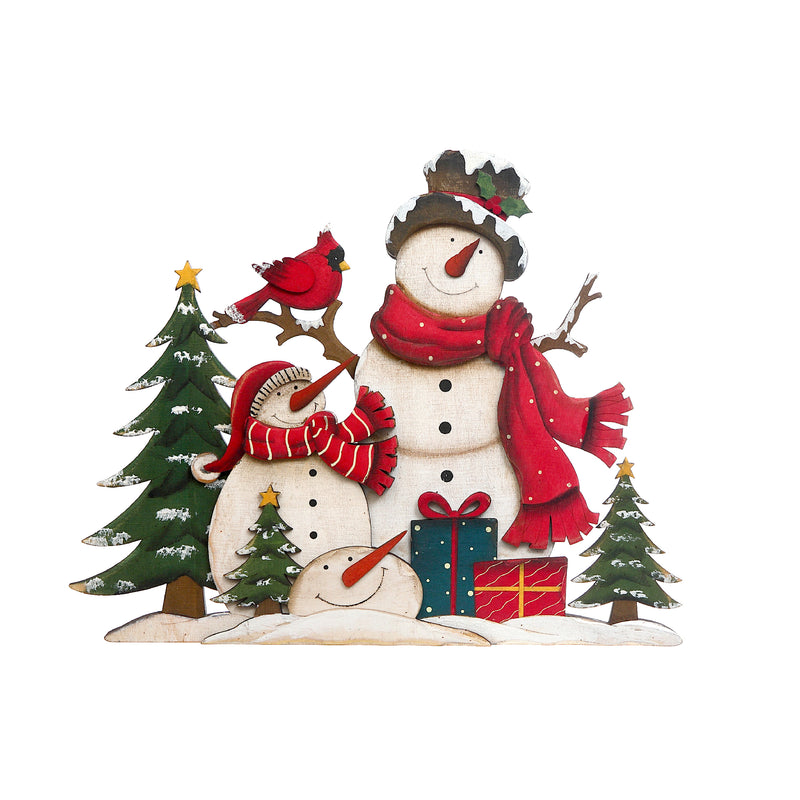 Wooden Double Snowman And Cardinal Decor Stand