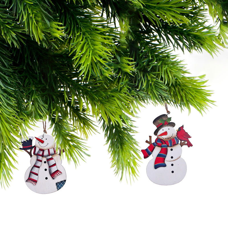 Christmas Wooden Snowman With Scarf Ornament  - Set of 2