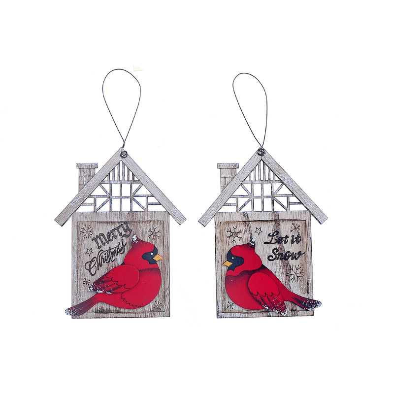 Christmas Wooden Cardinal In House Ornaments  - Set of 2