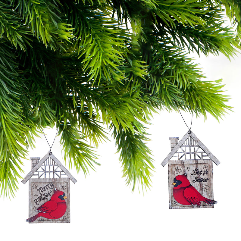 Christmas Wooden Cardinal In House Ornaments  - Set of 2