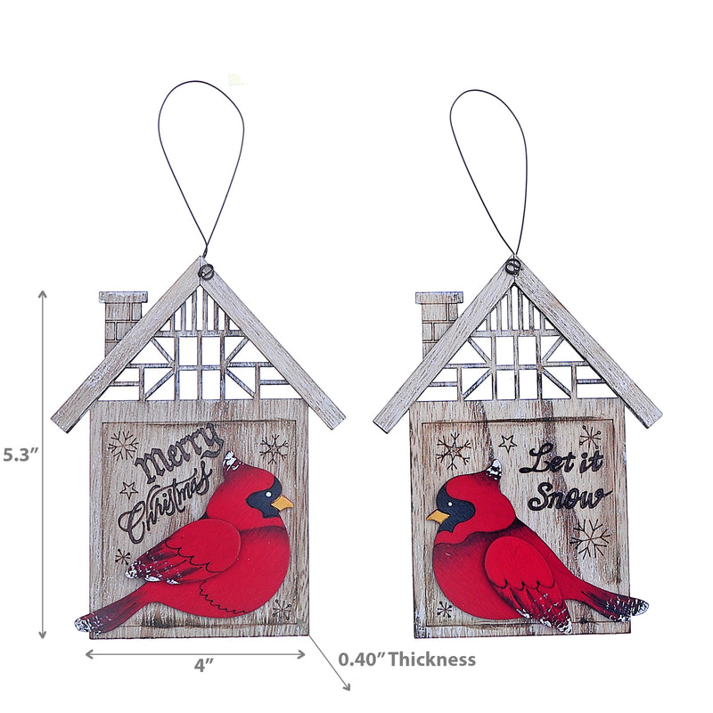 Christmas Wooden Cardinal In House Ornaments  - Set of 2