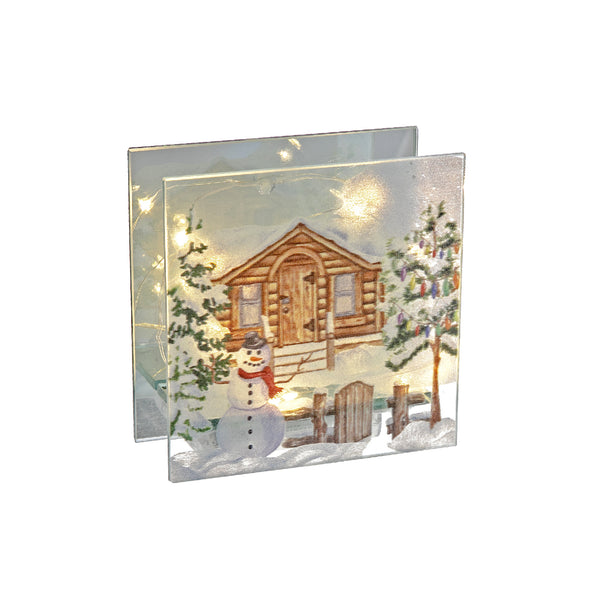 Square Led Painted Glass Stand (House With Snowman) - Set of 2