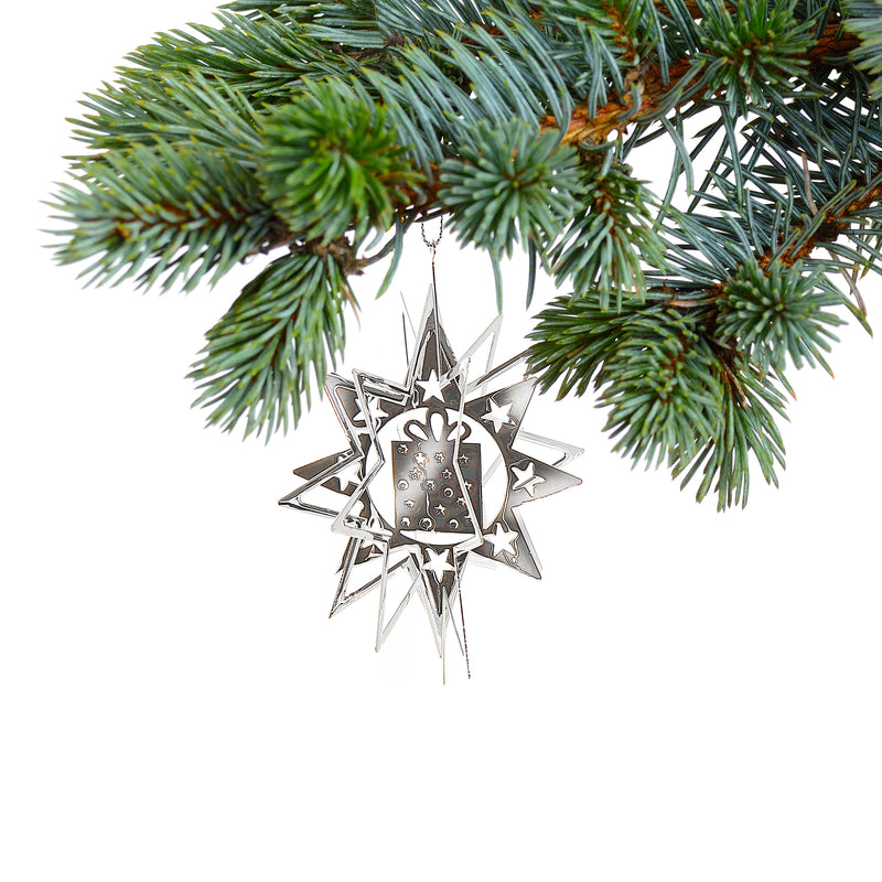 Christmas Spinning Silver Star Metal Ornament Present - Set of 12