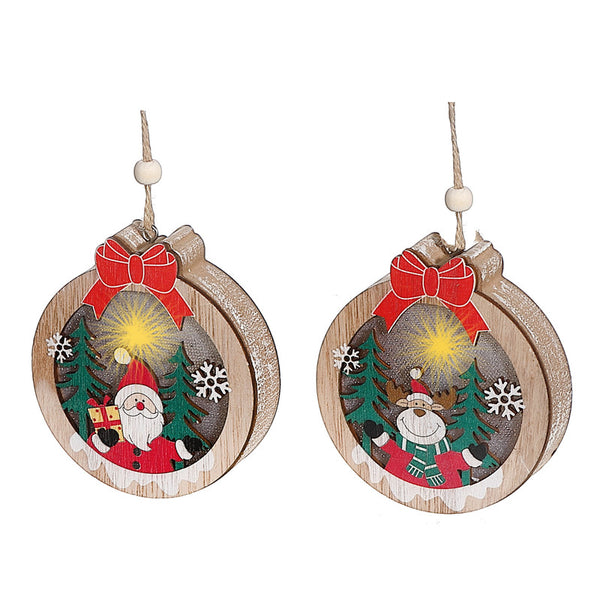 Led Wooden Round Shape Ornament (Asstd) - Set of 2