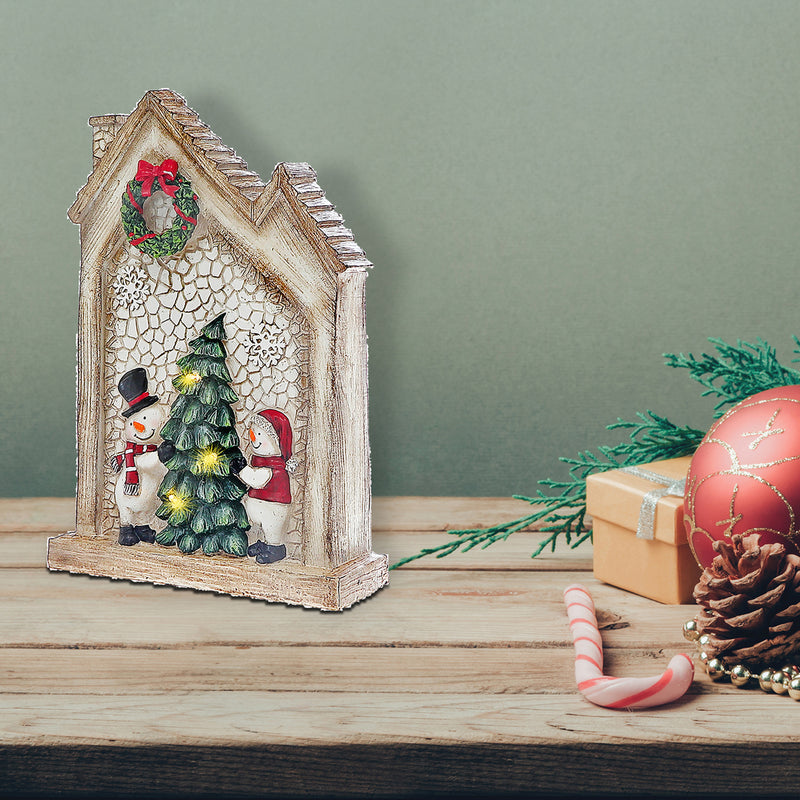 Christmas Led Polyresin House With Double Snowman