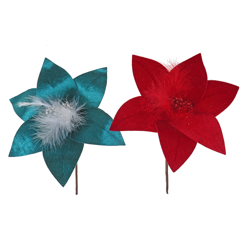 Felt Poinsettia Pick With Feathers (Asstd) - Set of 12